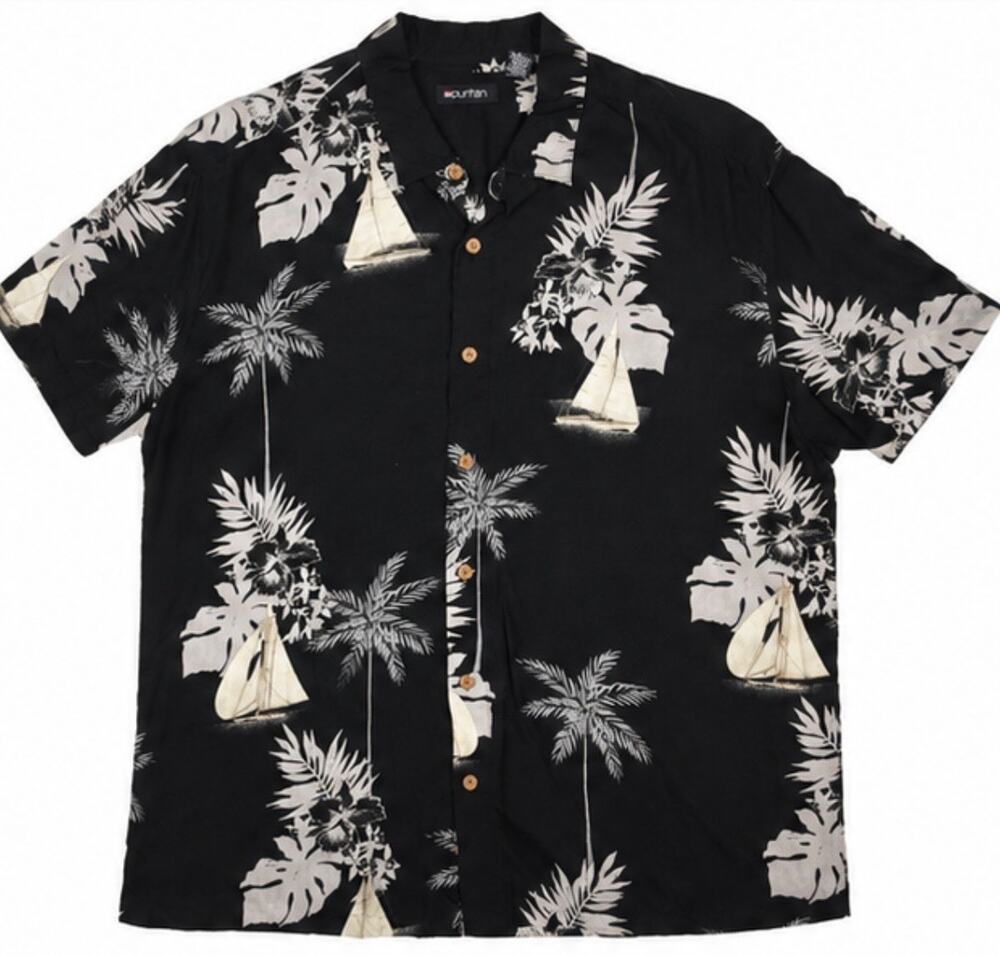 Vintage Puritan Hawaiian Camp Shirt Men’s XL Black Rayon Palm Tree Sailboat